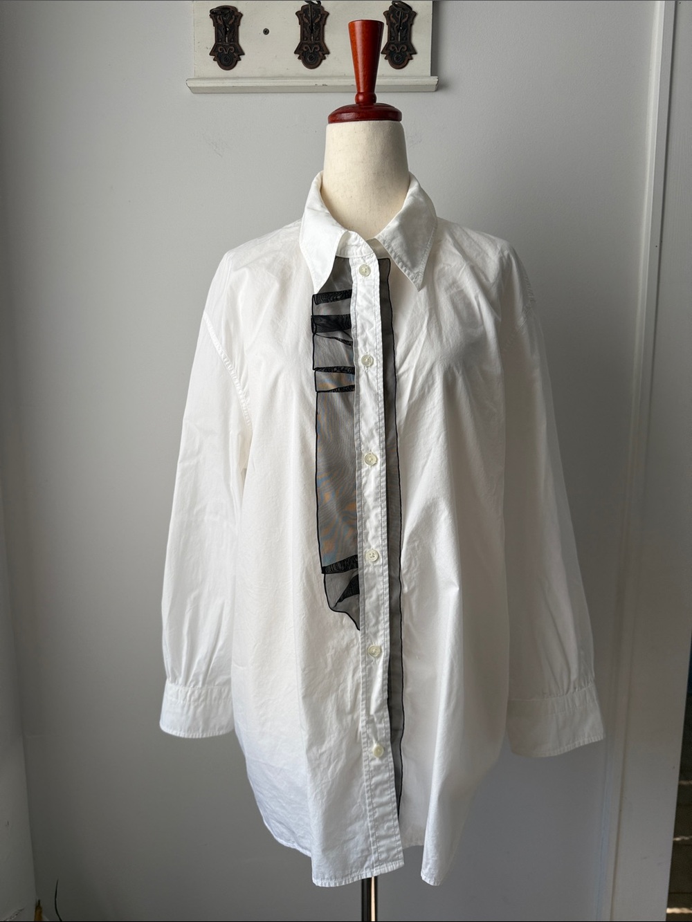 Sonia Rykiel White Button-Down Shirt with Lace Black Trim Detail EU44/12 Cotton